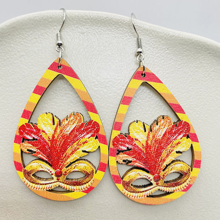 Wholesale Earrings Carnival Colored Festive Accessories Exaggerated Masks Water Droplets Hollow Wooden Earrings JDC-ES-YaChen008