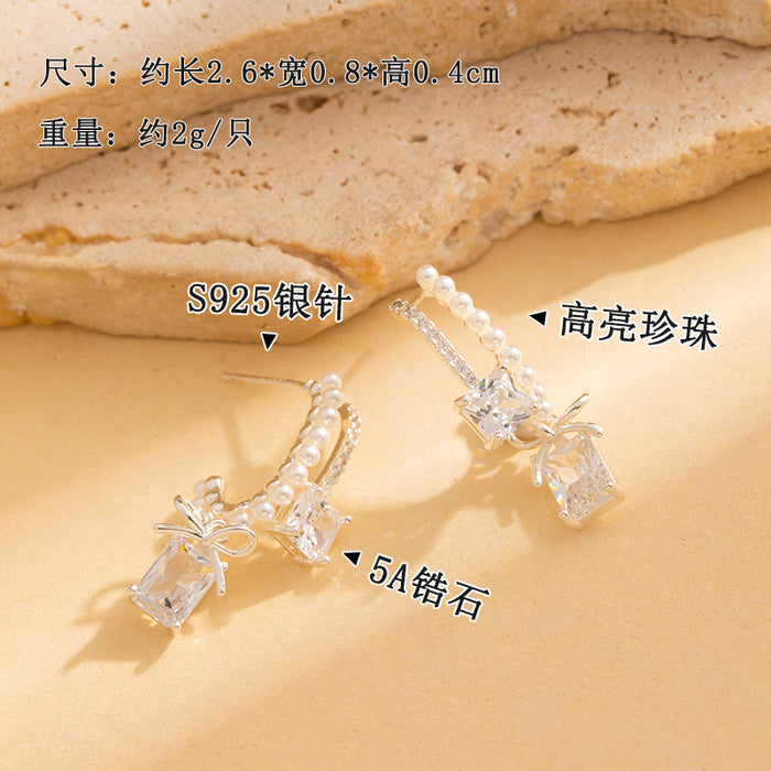 Wholesale  Micro-Paved Zircon Sugar Cube Bow Pearl Earrings