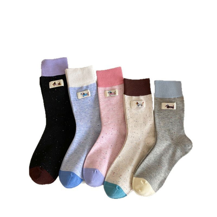 Wholesale Gray cloth label color blocked puppy mid tube socks cartoon pile socks