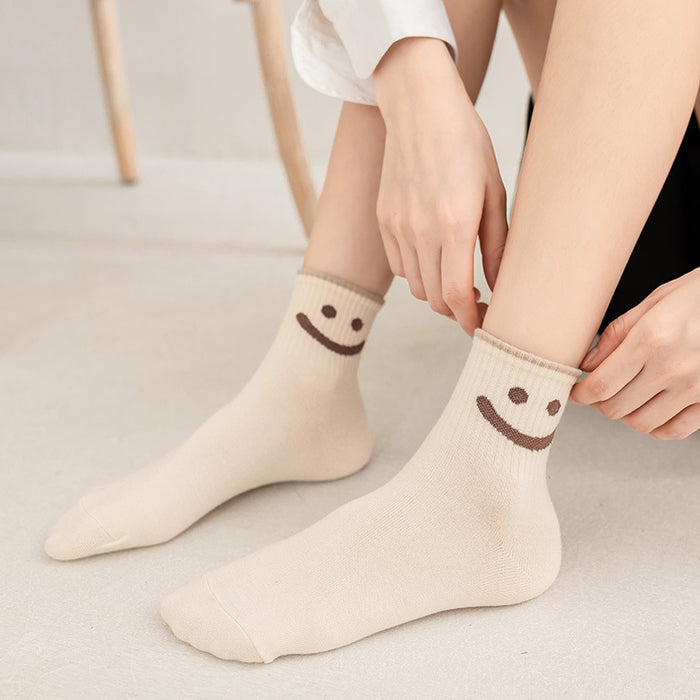 Wholesale of 10pcs Solid Color Cute Smiling Women's Mid Length Socks JDC-SK-Miqi006