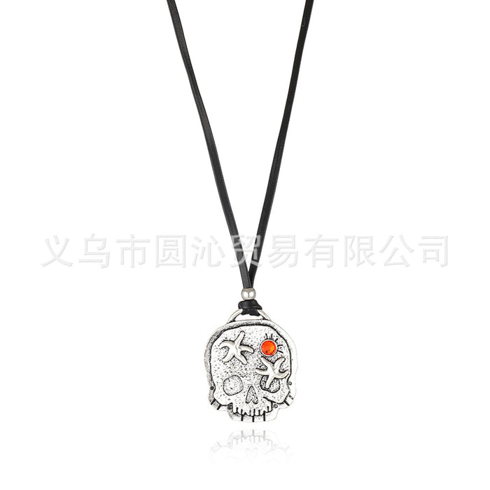 Wholesale Personalized skull pendant necklace adjustable long black leather rope sweater chain