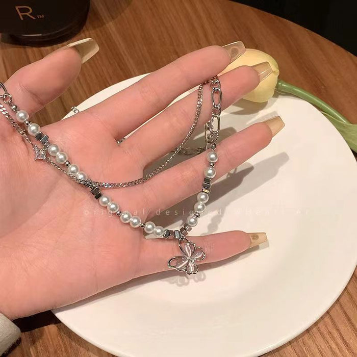 Wholesale New Zircon Pearl Cat Eye Stone Butterfly Necklace Double layered Pendant Clavicle Chain Beads