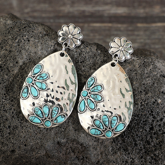 Wholesale Water droplet alloy inlaid turquoise earrings with retro style earrings and earrings