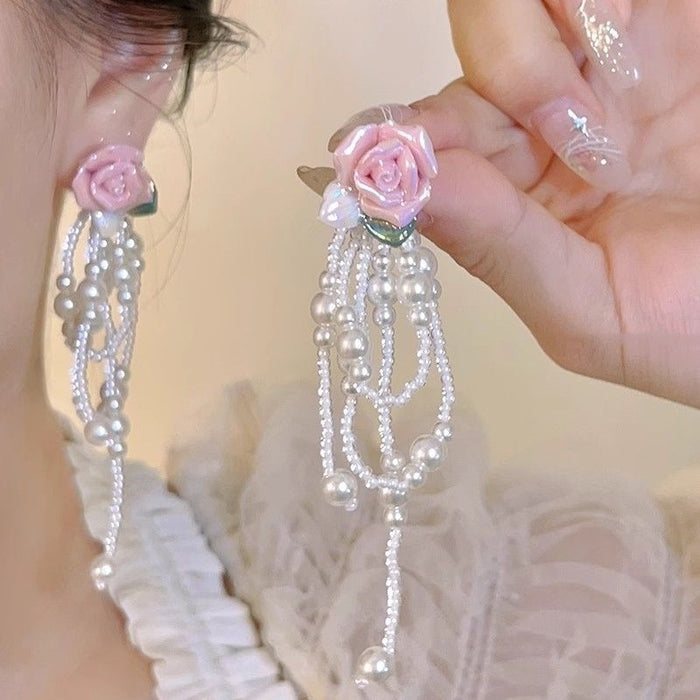 Wholesale Rose long pearl tassel earrings