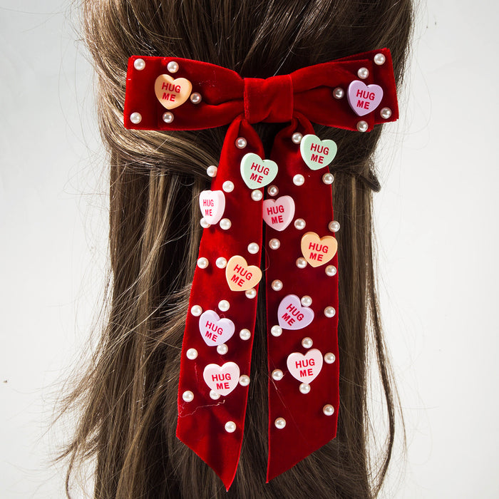 Wholesale Flocked Pearl-Inlaid Spring Heart Letter Hair Clip