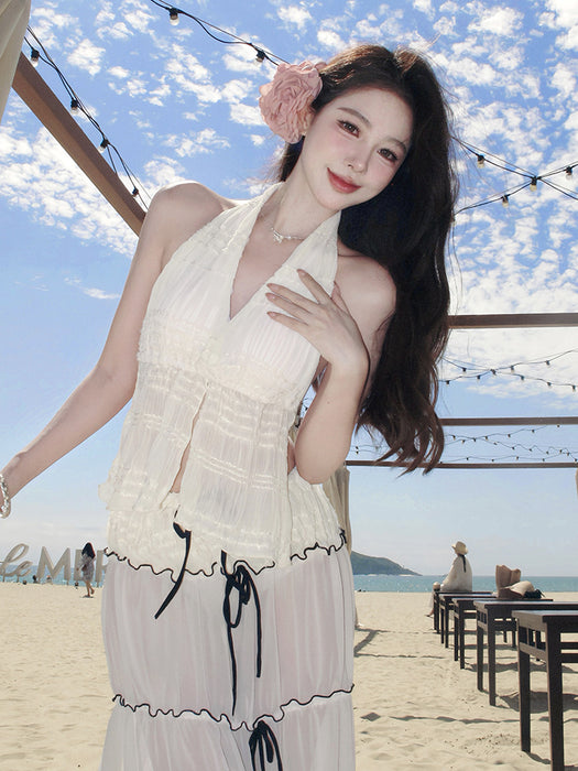 Wholesale Swimsuit pleated halter top, backless skirt set