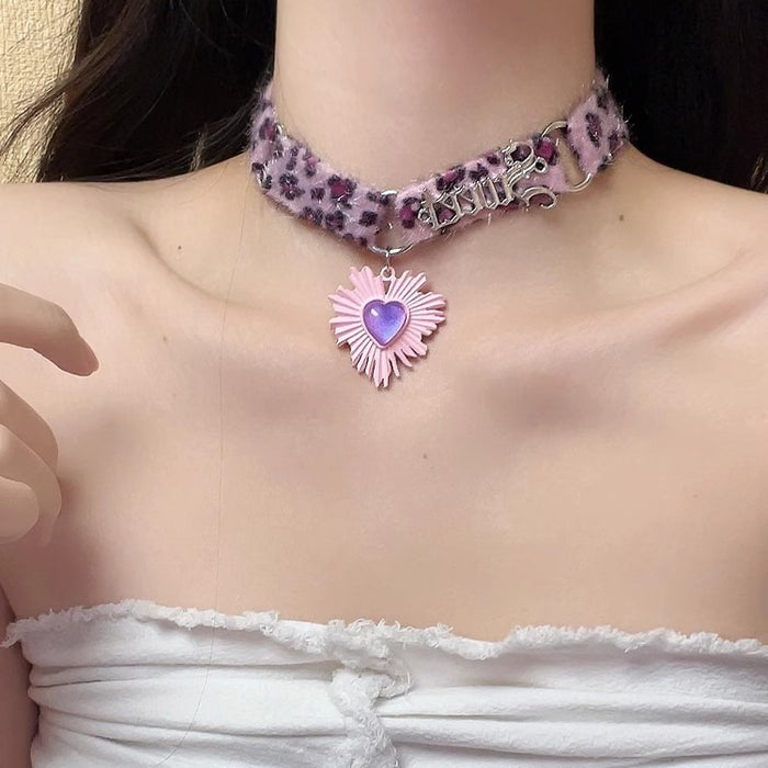 Wholesale Purple Leopard Print Heart Plush Collar