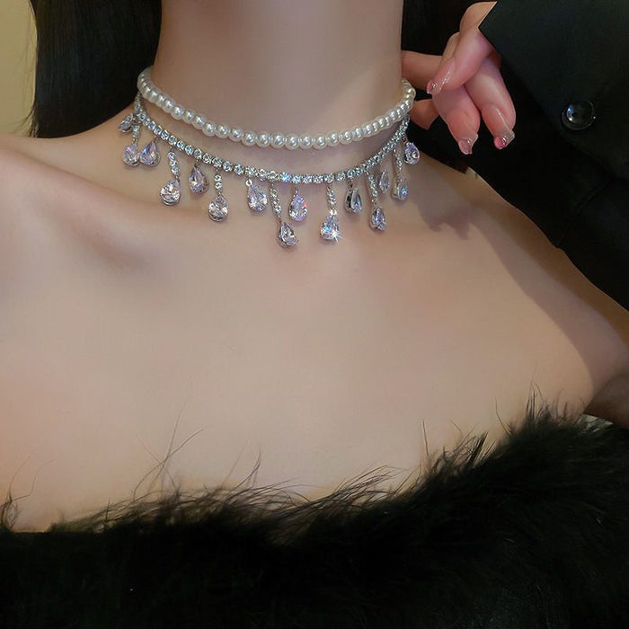Wholesale Diamond Inlaid Zircon Water Droplets Imitation Pearl Necklace JDC-NE-yihao008