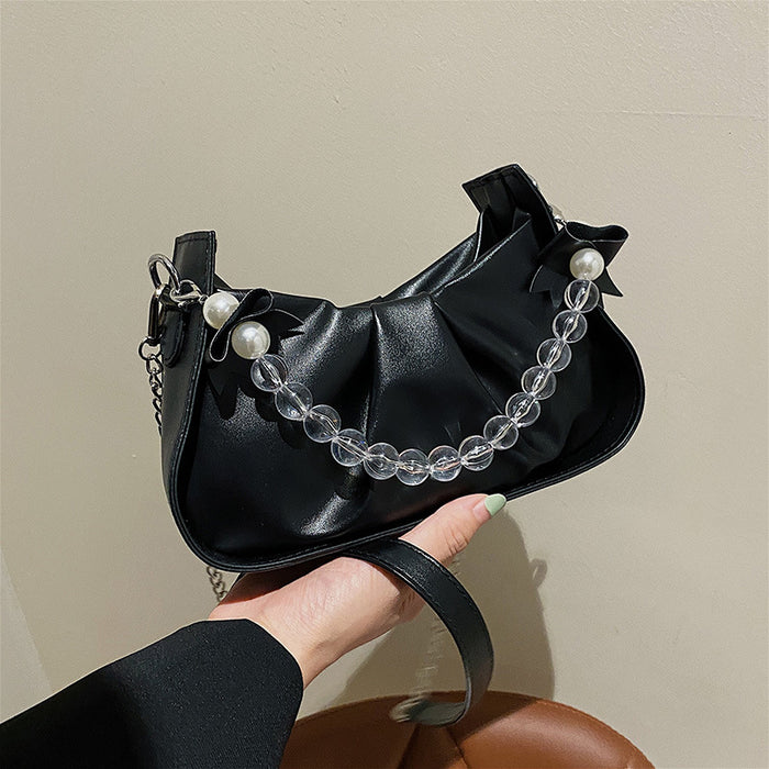 Wholesale Popular pleated new fashion pearl chain shoulder crossbody bag, saddle bag