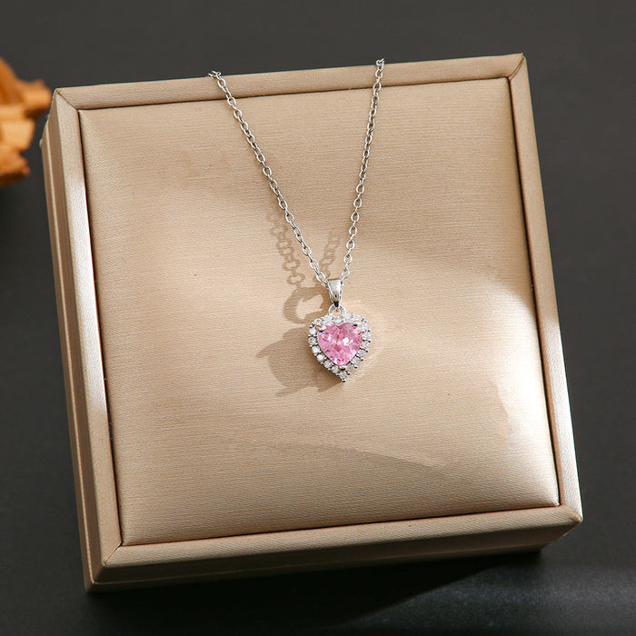 Wholesale Pink zircon silver titanium steel necklace