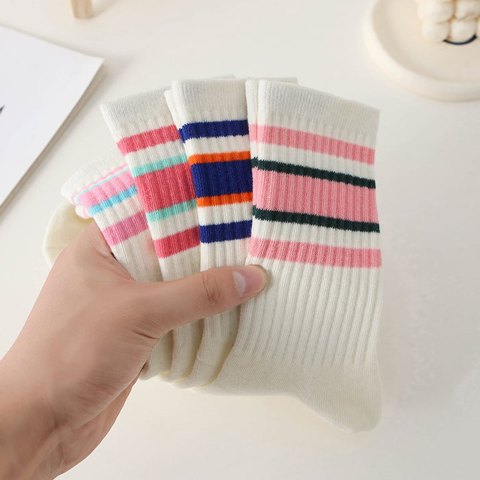 Wholesale Women's mid tube cotton socks, women's long socks with simple stripes, comfortable and breathable mid tube socks
