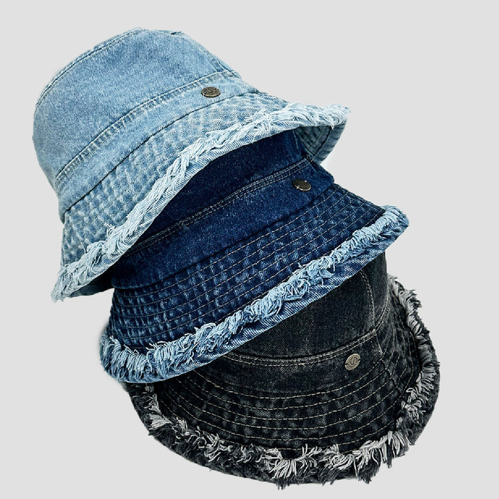Wholesale Fashionable fringed denim hat, washed and worn fisherman hat, sun shading hat, sun protection versatile hiking hat