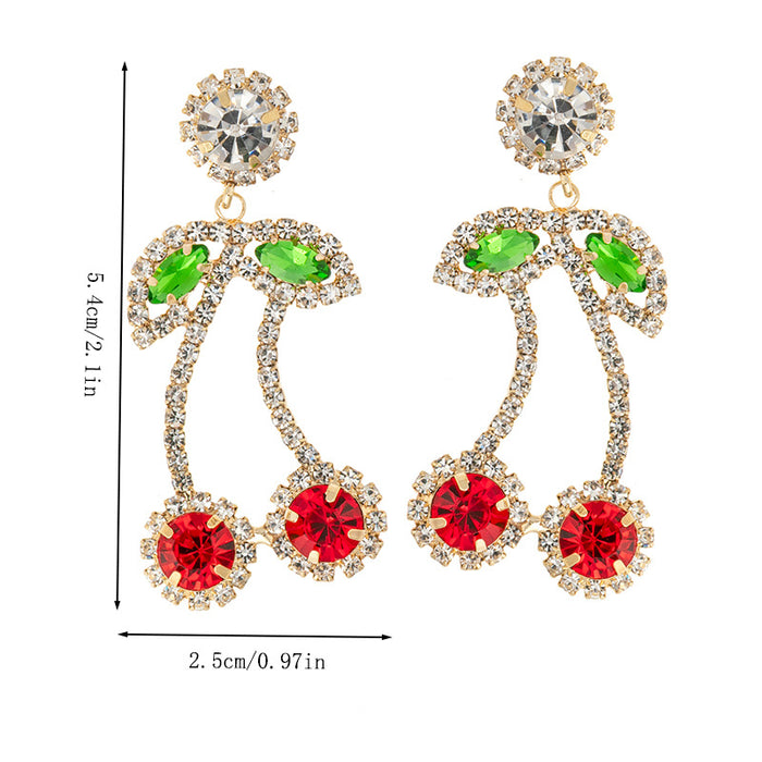 Wholesale Red rhinestone cherry pendant earrings for women, fashionable design, full diamond claw chain jewelry wholesale
