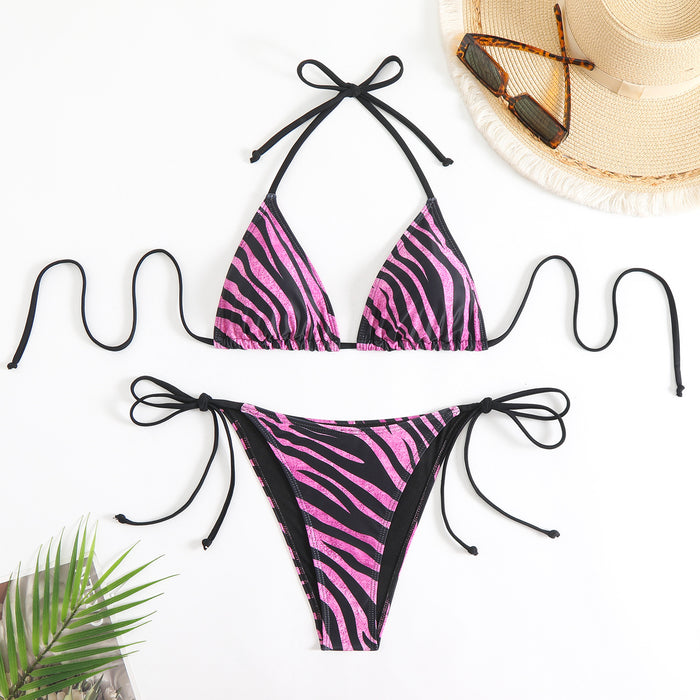 Wholesale Zebra stripe tie neck bikini triangle bag split swimsuit