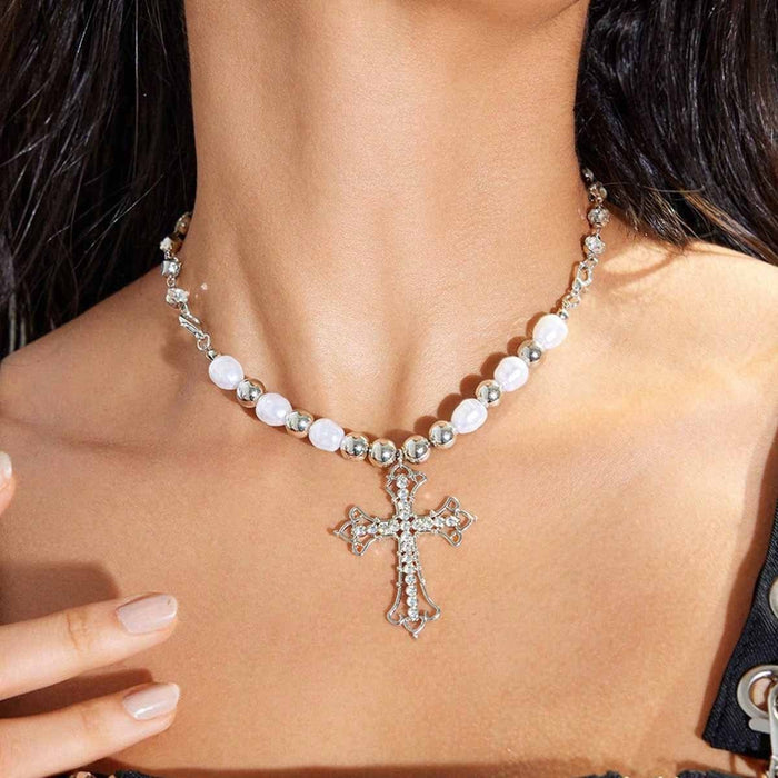 Wholesale Stacked Cross Pearl Long Necklace Niche Clavicle Chain