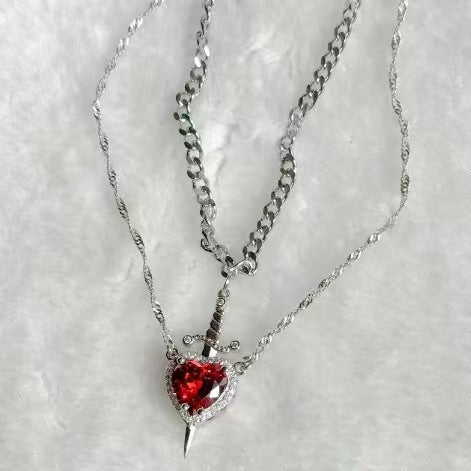 Wholesale Valentine' s Day Diamond-Encrusted Heart-Shaped Dagger Couple Pendant Set Clavicle Necklace