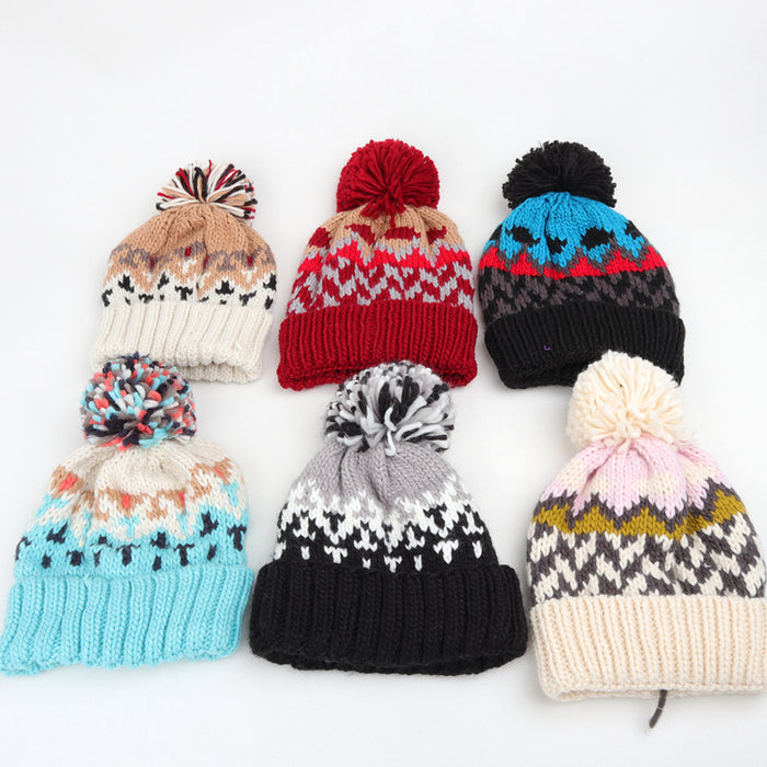 Wholesale Color blocked Geometric Diamond Jacquard Beanie with Colorful Turn-up Thickened Warm Knitted Hat