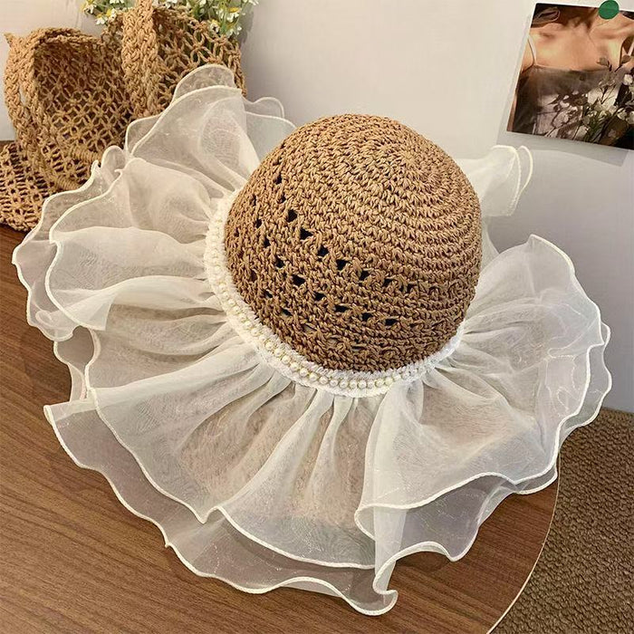 Wholesale Lace lace straw hat with curled edges and hollowed out Lafite sun hat, large brim