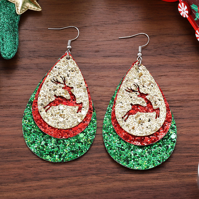 Wholesale Leather Christmas Elk Drop Earrings Hollow Design Jewelry Accessory