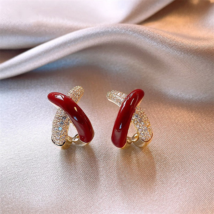 Wholesale Cross Red Drip Oil Copper Micropaved Zirconia Stud Earrings JDC-ES-QLX073