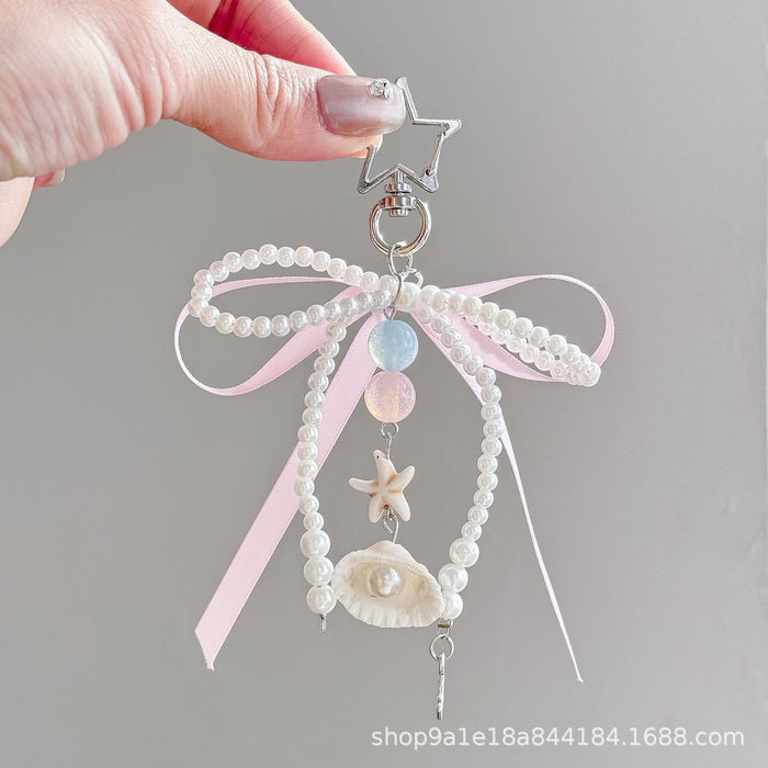 Wholesale Pink Ribbon Bow Bag Hanging Pearl Shell Keychain Pendant Exquisite Hanging