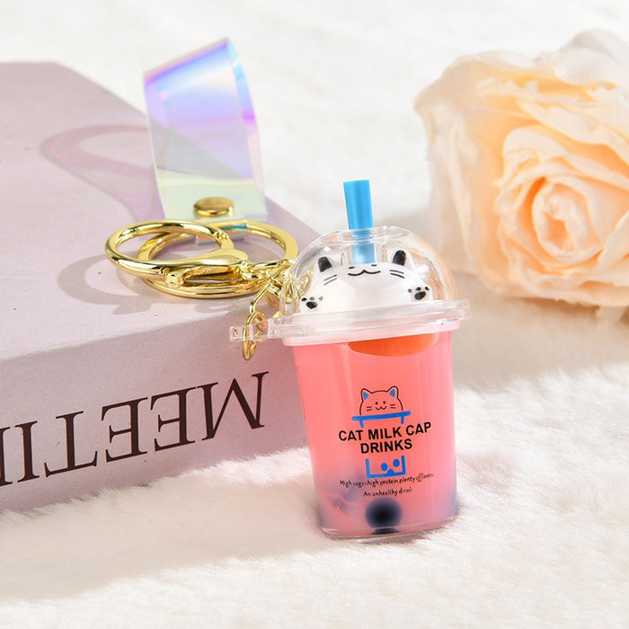 Wholesale Quicksand Cat Bubble Tea Keychain