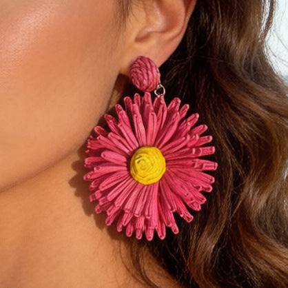 Wholesale Vacation Style Handmade Raffia Flower Earrings Red Jewelry Accessory MOQ≥5