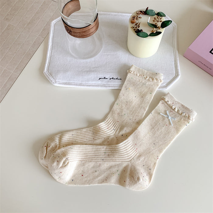 Wholesale Thin socks, butterfly knot yarn pile socks, hollowed out Japanese lace mid tube socks