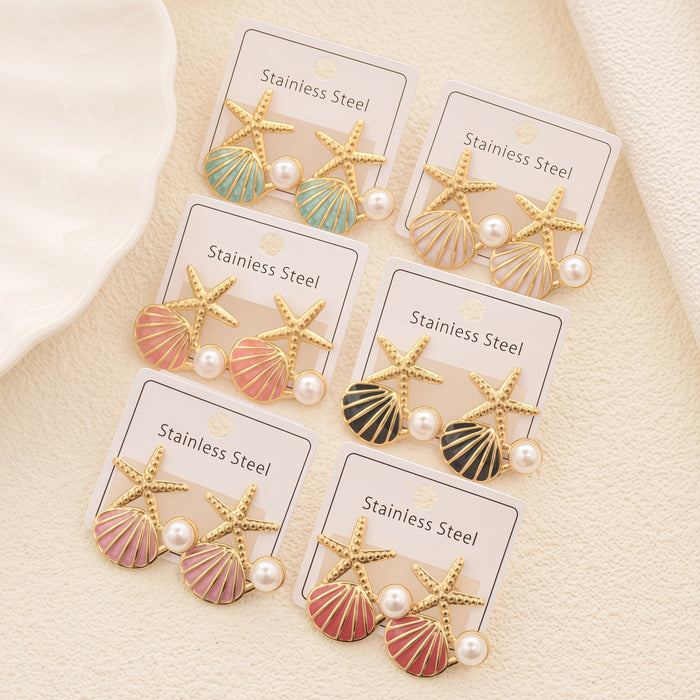 Wholesale Stainless Steel Starfish Shell Pearl Earrings Marine  style Earrings