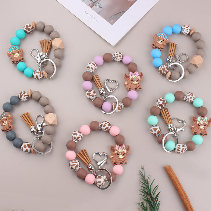 Wholesale Cartoon Cow Consumption Silicone Bracelet Keychain Silicone Handmade Beaded Bracelet