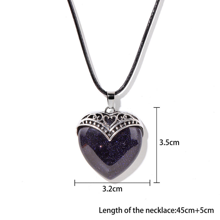 Wholesale Heart shaped pendant necklace with stone beads and tiger' s eye adjustable leather cord