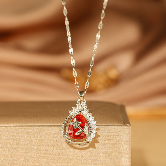 Wholesale red emerald micro set zircon water drop pendant necklace women