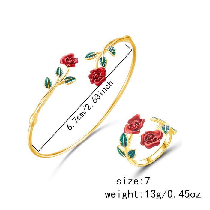Wholesale Alloy  Rose Flower Opening Bracelet Ring suit Fashion Temperament