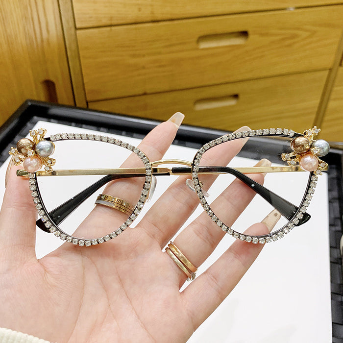 Wholesale Flat lens anti blue light large frame inlaid with diamonds and pearls, elegant and fashionable high-end frame glasses