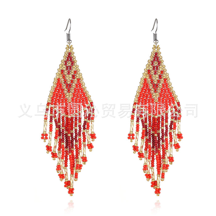Wholesale color Bohemian rice bead earrings women' s minority ethnic hand-woven long tassel earrings
