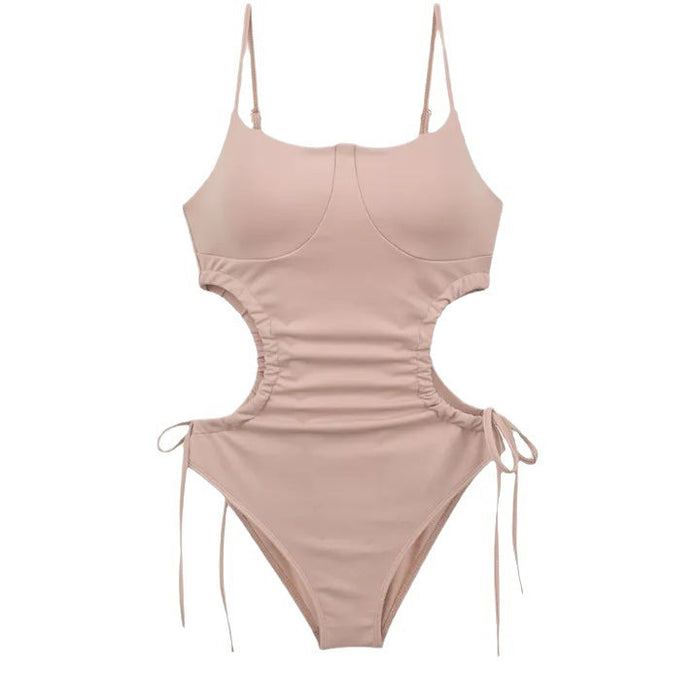 Wholesale Solid color minimalist drawstring slimming one-piece swimsuit for women