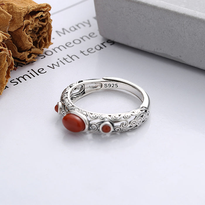 Wholesale Pure silver hollow inlaid agate ring, vintage artistic ring