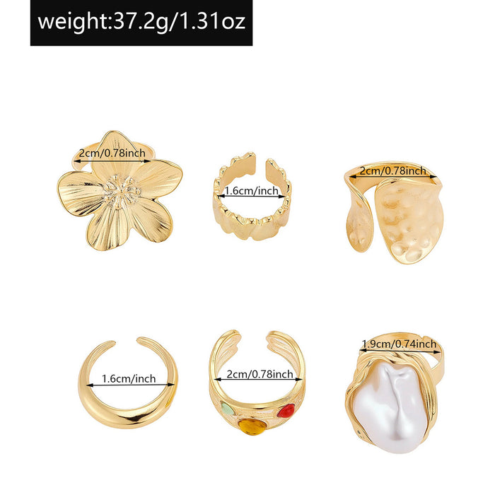 Wholesale New retro imitation pearl ring with a light luxury and high-end feel, exaggerated flower ring set