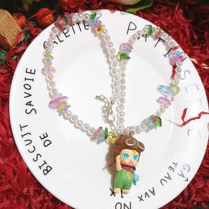 Wholesale Crystal Beaded Cute Bubble Mart Cute Ballet Croissant Doll Short Necklace Necklace for Women