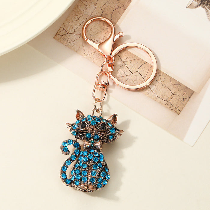 Wholesale Zinc Alloy Gold Bronze Cat Keychain Rhinestone Design Stylish Bag Charm Car Key Accessory