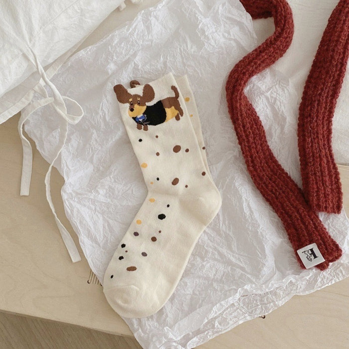 Wholesale Small dog embroidery, tube socks with folded edges, vertical stripes, stacked socks, cute and niche socks for children