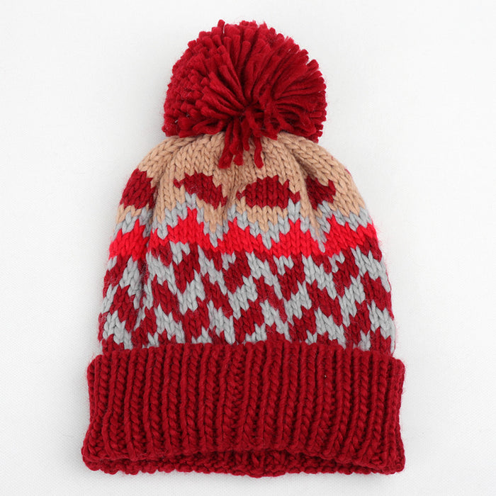 Wholesale Color blocked Geometric Diamond Jacquard Beanie with Colorful Turn-up Thickened Warm Knitted Hat