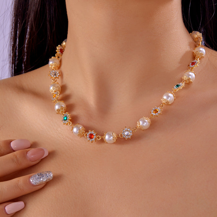 Wholesale niche diamond pearl ing necklace female design sense pearl colored diamond flower necklace