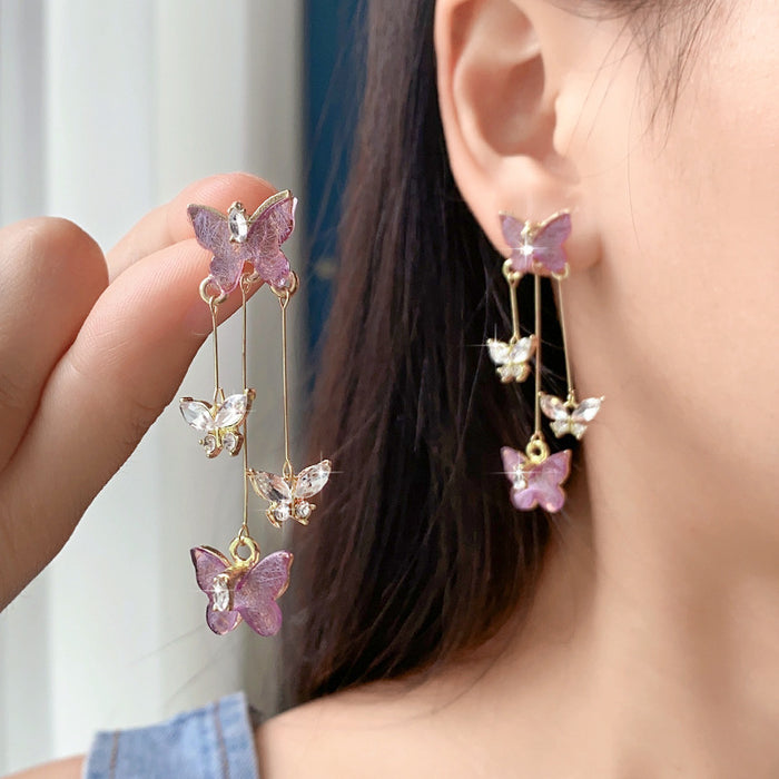 Wholesale Silver needle purple butterfly tassel earrings with a light luxury and high-end feel, sparkling diamond long earrings, retro temperament earrings