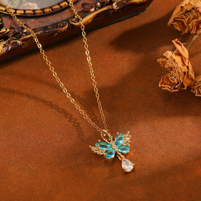 Wholesale Titanium Steel Butterfly Pendant Necklace with Pearl and Crystal Accents - Trendy Jewelry Accessory