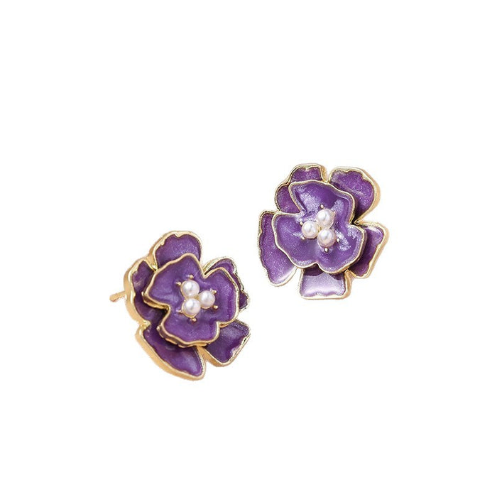 Wholesale New retro high-end pearl camellia earrings with drop glazed temperament earrings