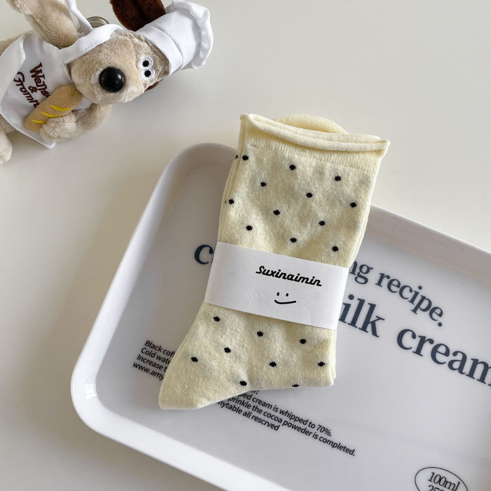 Wholesale Sweat absorbing and breathable socks with polka dot rolled edges, mid tube socks, stacked socks