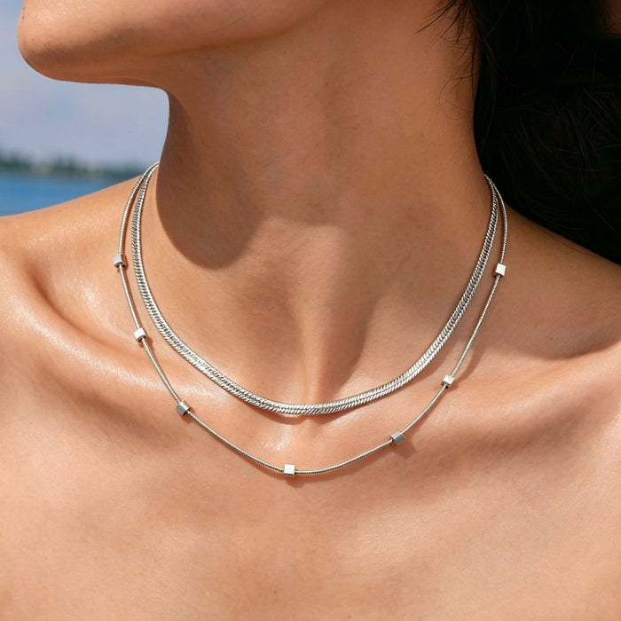 Wholesale 2pcs Stacked necklaces,  plain chain,  snake bone,  titanium steel chain