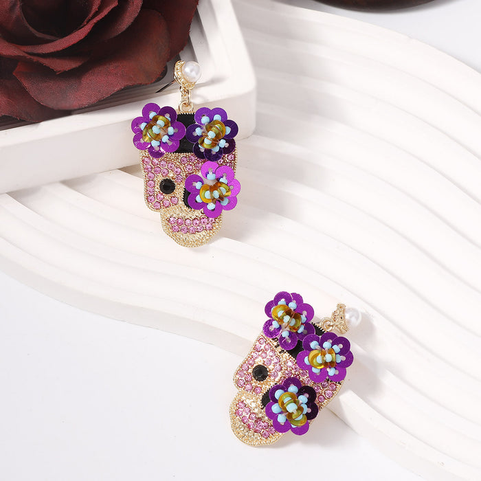 Wholesale Halloween Zinc Alloy Inlaid Zircon with Sequins Flower Skull Earrings JDC-ES-YueLi020