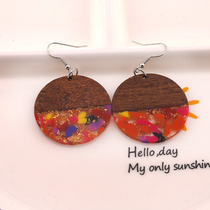 Wholesale Round Hollow Resin Crushed Natural Stone Gold Foil Wooden Earrings JDC-ES-Dagou002